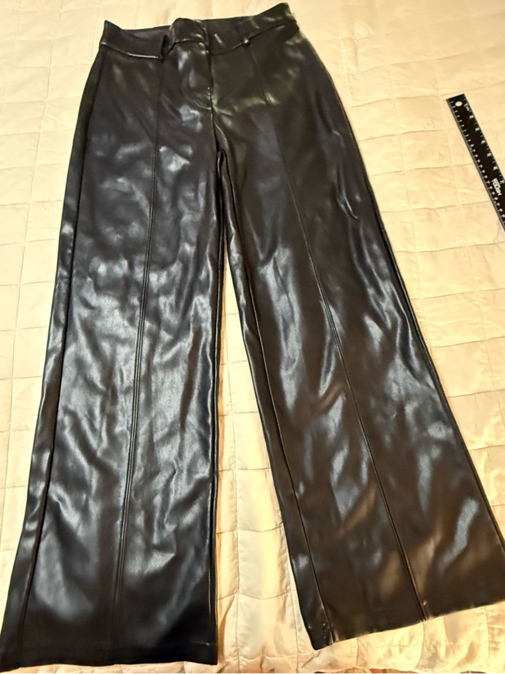 7 For All Mankind Faux Leather Pants Womens S Black Wide Leg High Rise Seam Boho